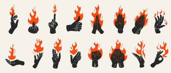 Set human hands with fire or flame in retro flat style. Collection different vector illustration for tattoo, print. Various vintage color art composition. - 640623476