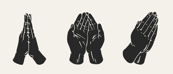 Set monochrome praying hands in simple draw style. Collection various gestures isolated on white background. Vector illustration.