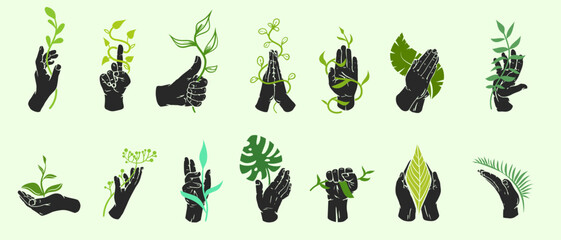 Set silhouettes hands with plant and leaves in fashion minimal style. Collection various botanical art composition. Elegant vector illustration. - 640623482