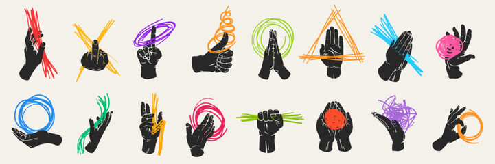 Set art composition with abstract cute curly doodle or strokes and silhouettes various hands in creative minimal flat style. Collection design elements. Vector illustration.