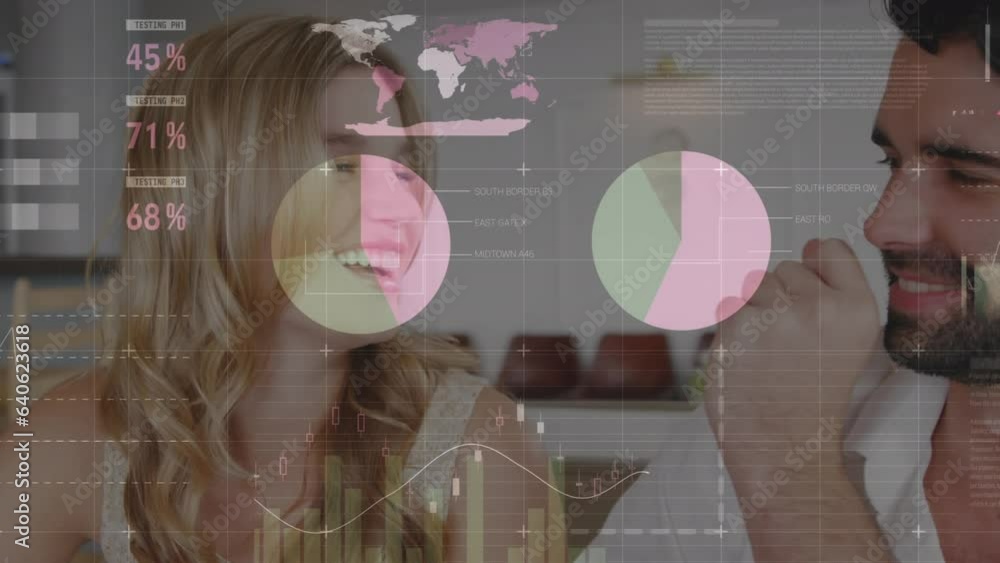 Aufkleber animation of statistical data processing over caucasian couple smiling together at a cafe