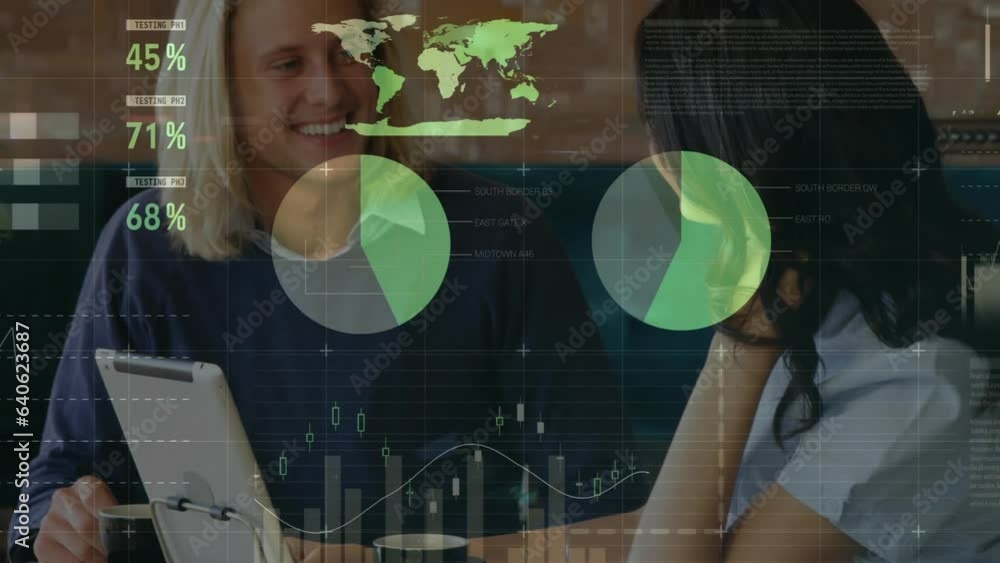 Aufkleber animation of statistical data processing over diverse man and woman discussing over tablet at office