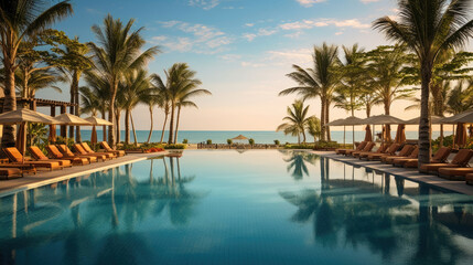 The beach resort's swimming pool surrounded by lounge chairs, elegant parasols, swaying palm trees and clear blue skies
