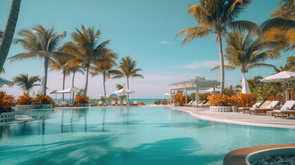 The beach resort's swimming pool surrounded by lounge chairs, elegant parasols, swaying palm trees and clear blue skies