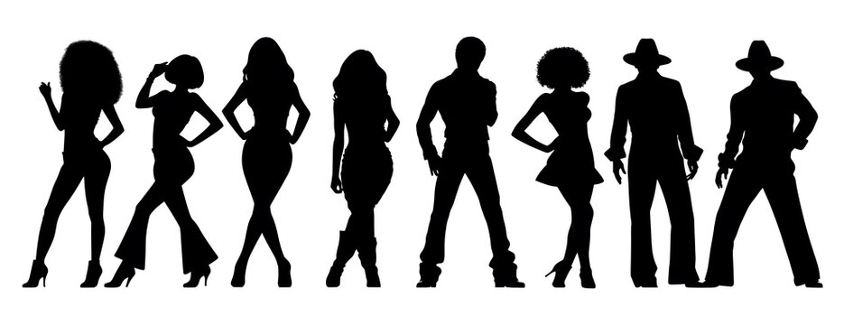 A group of retro 70s disco dancer silhouettes in groovy poses