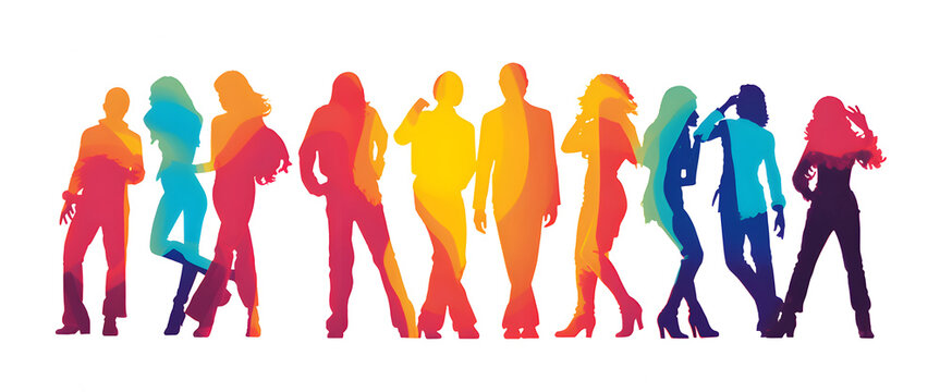A group of retro 70s disco dancer colourful silhouettes in groovy poses