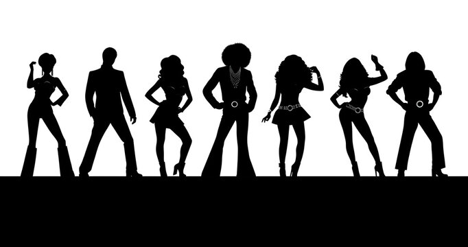 A group of retro 70s disco dancer silhouettes in groovy poses