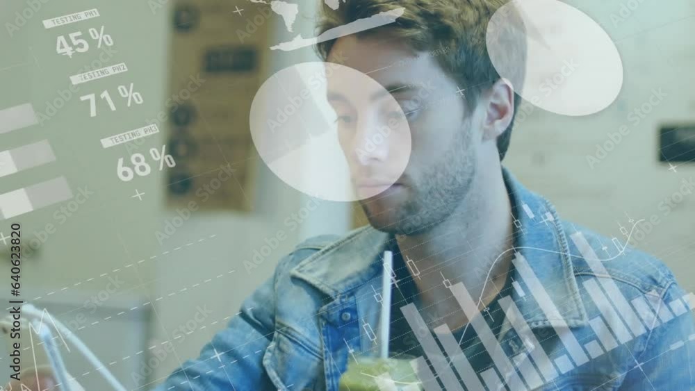 Poster animation of data processing over caucasian man with a health drink using smartphone at a cafe