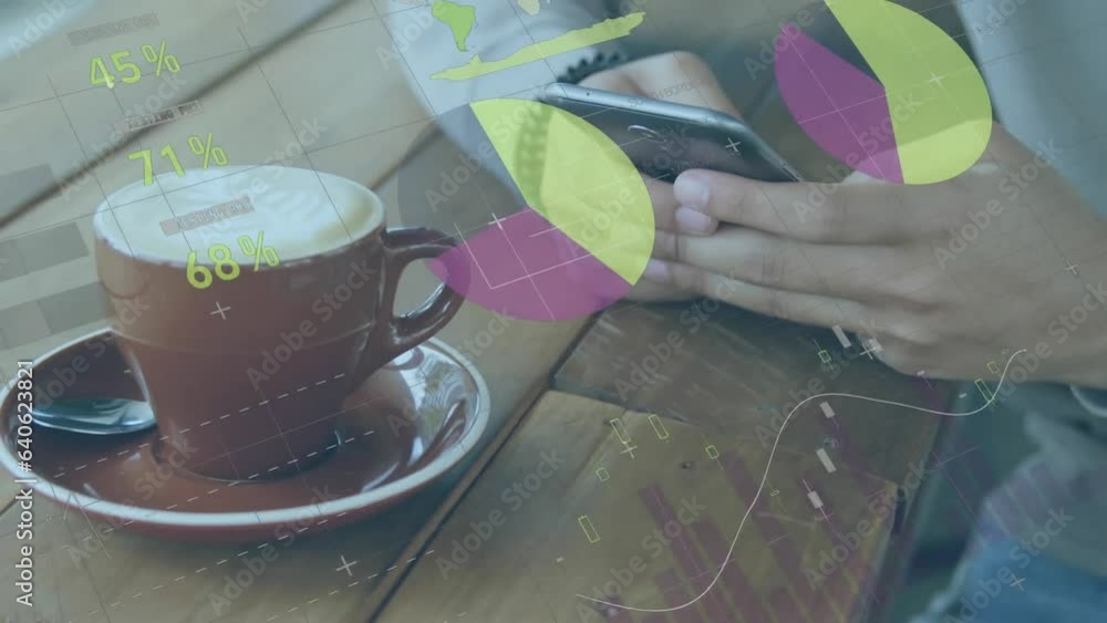 Poster animation of statistical data processing against mid section of a man using smartphone at a cafe