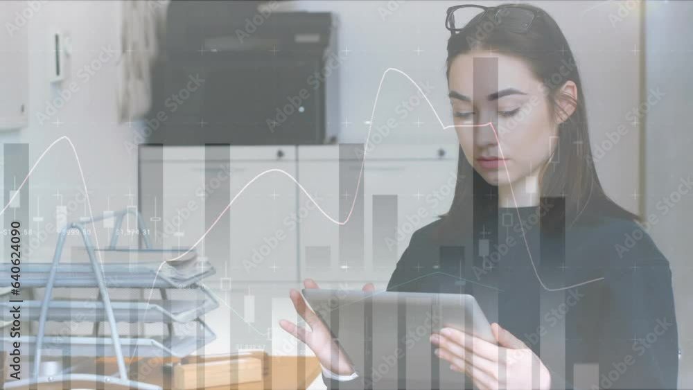 Aufkleber animation of statistical data processing against caucasian woman using digital tablet at office
