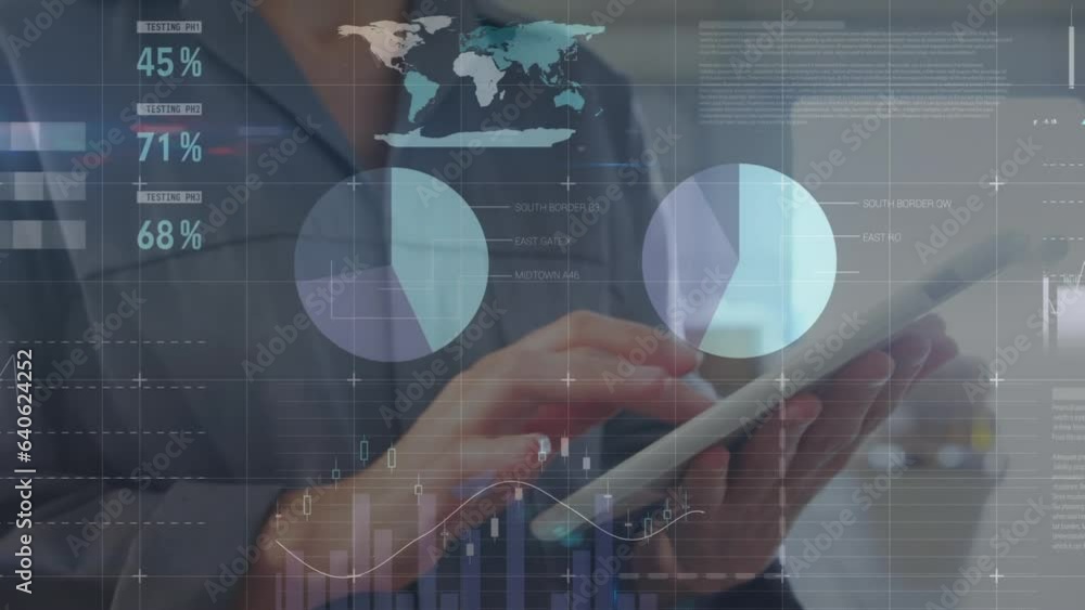 Aufkleber animation of statistical data processing over mid section of a woman using digital tablet at office