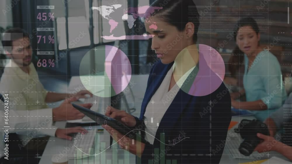 Poster animation of statistical data processing against happy biracial woman using digital tablet at office