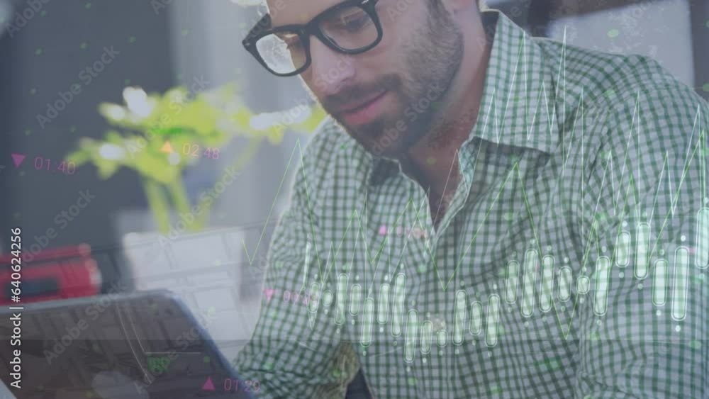 Poster animation of statistical data processing against caucasian man using digital tablet at office
