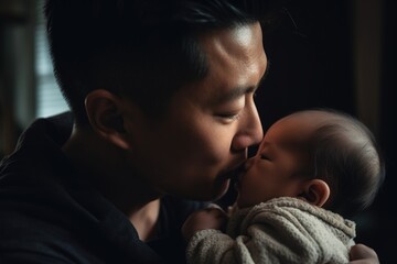 An Asian infant being cuddled by father, enjoying a tender moment of affection. Bond between parent and child. Generative AI