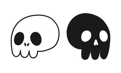 Hand drawn cute cartoon illustration set of two little skulls. Flat vector Halloween sticker. Evil dead head character icon in doodle style. Scary skeleton mascot. Human anatomy bone. Isolated.