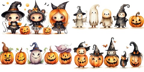 Fototapeta premium watercolor illustration Halloween witch, pumpkins and creepy things in cute cartoon style isolated on white background, children art style design, Generative Ai