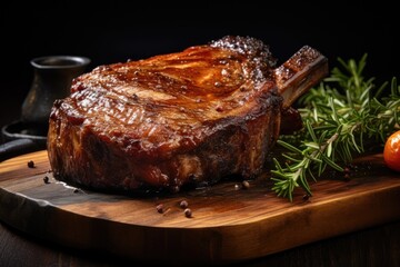 Roasted pork steak on the dark wooden surface.