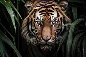Fototapeta premium Portrait of Sumatran tiger in a jungle (Panthera tigris sumatrae)