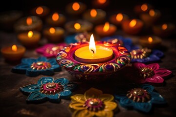 Happy Diwali. Clay Diya lamps during Diwali celebration, Hindu festival of lights celebration.