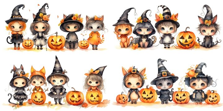 watercolor illustration Halloween witch, pumpkins and creepy things in cute cartoon style isolated on white background, children art style design, Generative Ai