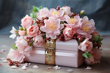 Blossom adorned treasure Flowers grace box against a light background, radiating beauty