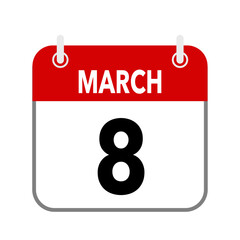 8 March, calendar date icon on white background.