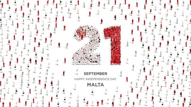 Happy Independence Day Malta. A large group of people form to create the number 21 as Malta celebrates its Independence Day on the 21st of September. 4K Animation Video. - Powered by Adobe