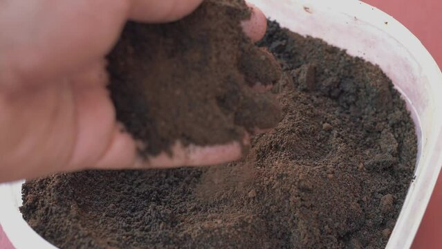 hand touching a box of used coffee ground to use as compost