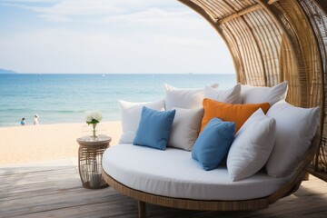 Coastal comfort zone Luxury deck with beach view and plush pillows offers relaxation