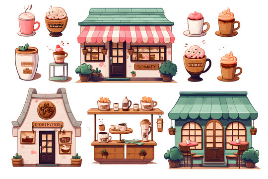 coffee shop illustration super cute cartoon image pink green roof Cafe.Generative AI