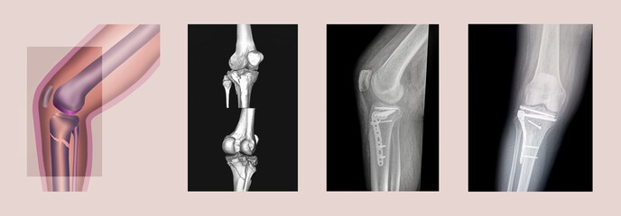 Structure of knee and rx-ray image of knee, tibia fracture with post operation internal fixation.