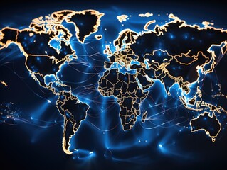 Map of the world with glowing lines on dark background. 3d rendering. 