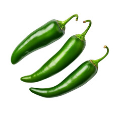 Three green hot natural chili pepper realistic image isolated on a white background, close-up