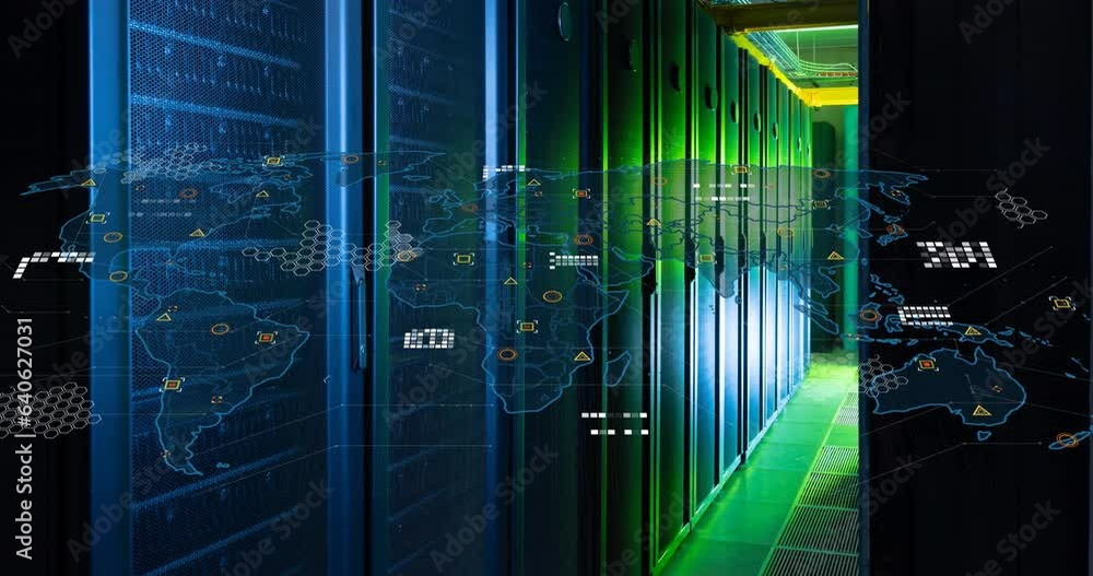 Aufkleber animation of world map against computer server room