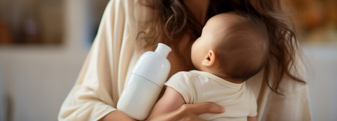 Essential nutrition Mom, baby, and trusted baby formula create harmonious background - obrazy, fototapety, plakaty