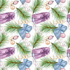 Christmas seamless pattern of gift boxes, Christmas decorations digital illustration isolated on white. Present, wrapping ribbon hand drawn. Print for holiday, 2024 new year wrapping, paper, textile