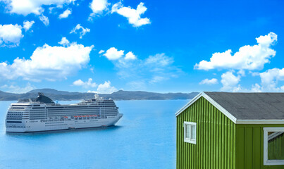 Cruise ship visit to Greenland city Qarqotoq with colored houses located near fjords and icebergs.