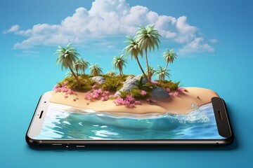 Isometric oasis 3D palm lined beach, smartphone, and tranquil cross section ocean