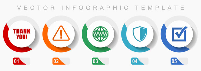 Internet icon set, miscellaneous icons such as thank you, warning, www, shield and vote, flat design vector infographic template, web buttons in 5 color options