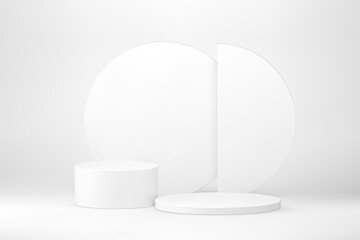 White neutral 3d podium cylinder pedestal with circle wall background realistic vector