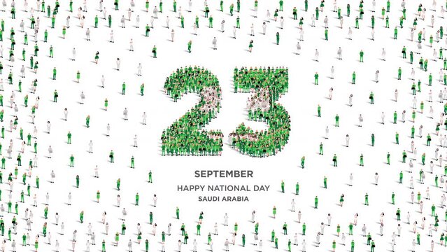 Happy National Day Saudi Arabia. A large group of people form to create the number 23 as Saudi Arabia celebrates its National Day on the 23rd of September. 4K Animation Video.