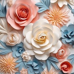 Paper flowers background. Seamless pattern. 3d rendering. 