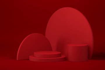 Red 3d podium cylinder circle pedestal with round wall background realistic vector illustration