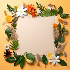 Flowers composition. Frame made of flowers, leaves and fruits on orange background. Flat lay, top view, copy space. 