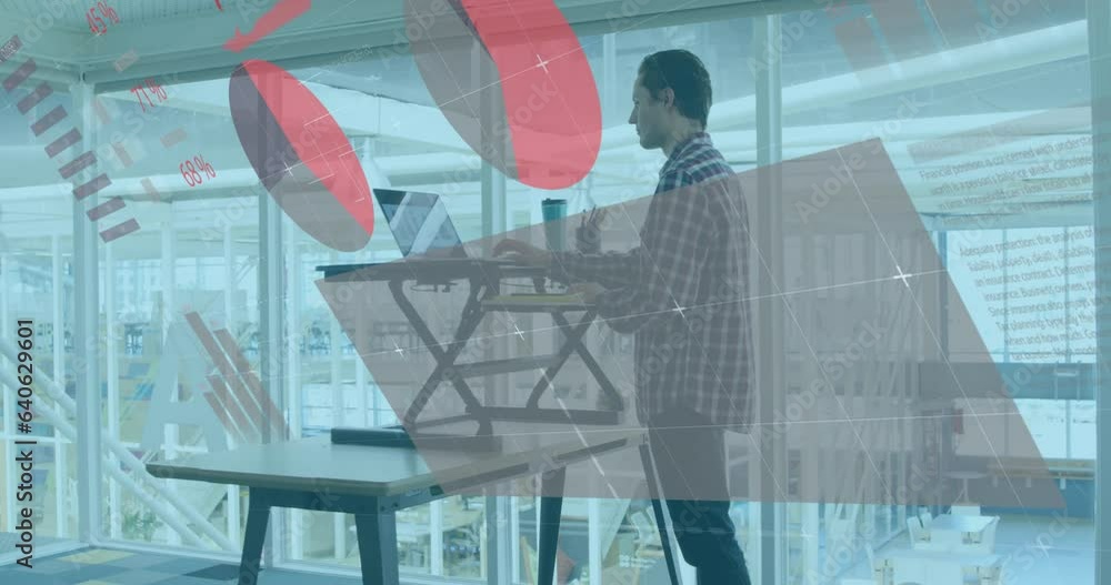 Poster animation of statistical data processing against caucasian man using a laptop at office