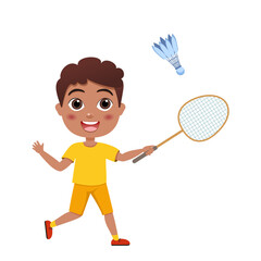 people playing badminton in the park. leisure. Happy boy and girl play train badminton. Kids activities