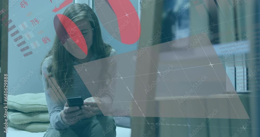 Poster animation of statistical data processing against caucasian woman using a smartphone at office