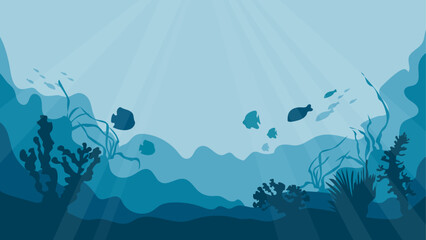 Sea underwater background. Underwater coral reef, sea fish and seaweed, sun rays underwater. Vector illustration.