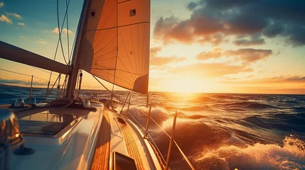 Fototapeten Sunset at the Sailboat deck while cruising sailing © Natia