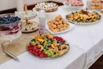 Delicious homemade cakes and desserts at a wedding buffet